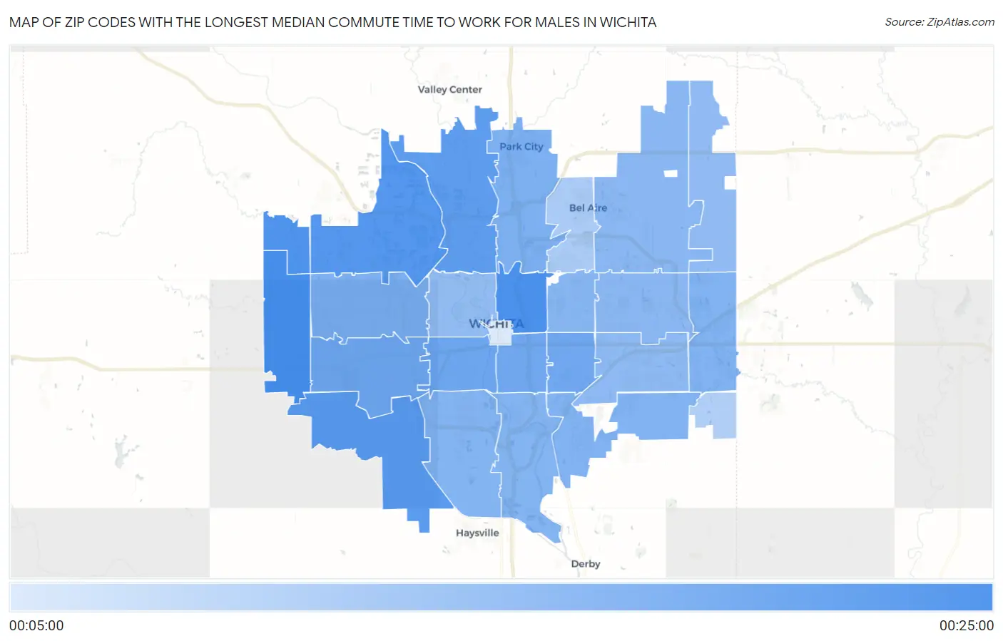Zip Codes with the Longest Median Commute Time to Work for Males in Wichita Map