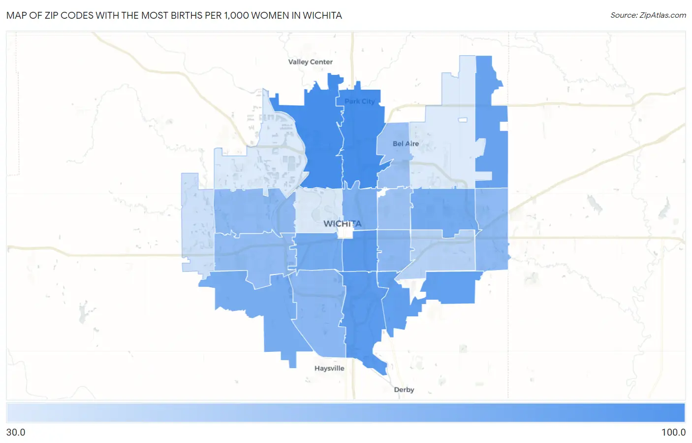 Zip Codes with the Most Births per 1,000 Women in Wichita Map