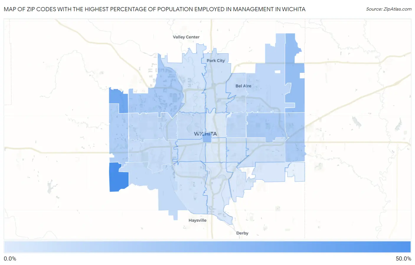 Zip Codes with the Highest Percentage of Population Employed in Management in Wichita Map
