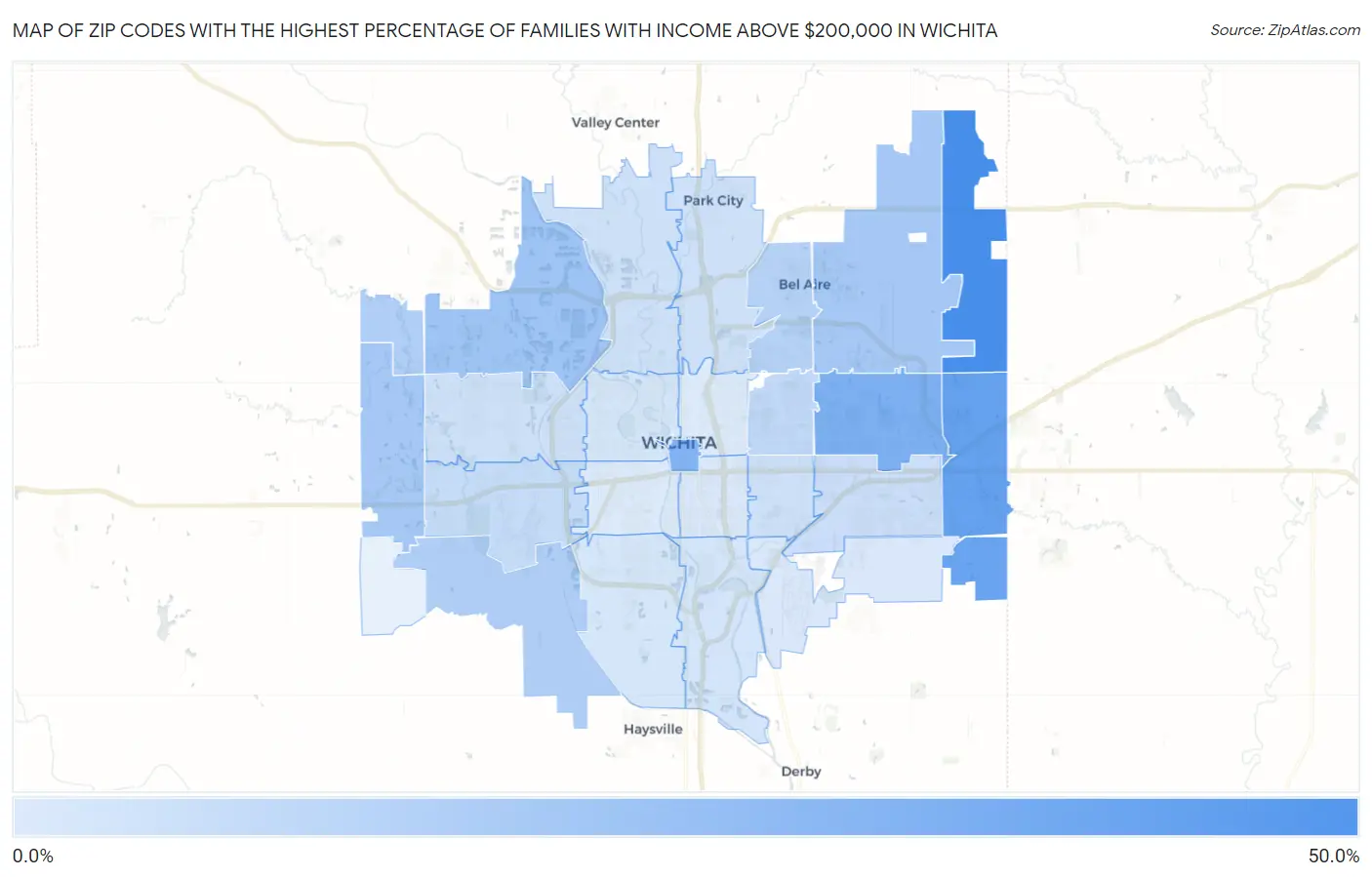 Zip Codes with the Highest Percentage of Families with Income Above $200,000 in Wichita Map
