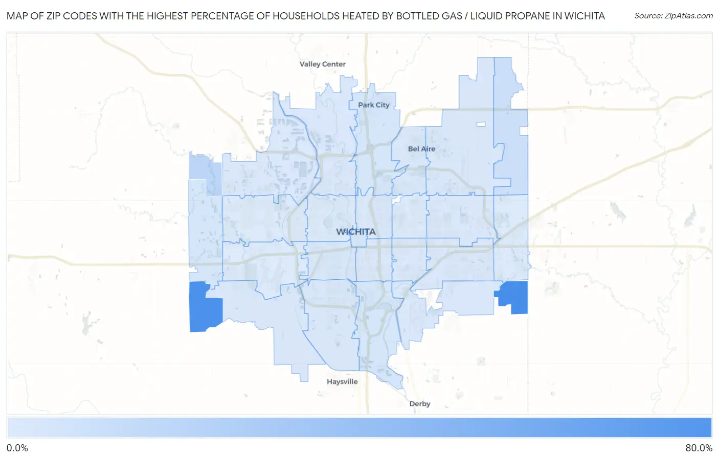 Zip Codes with the Highest Percentage of Households Heated by Bottled Gas / Liquid Propane in Wichita Map