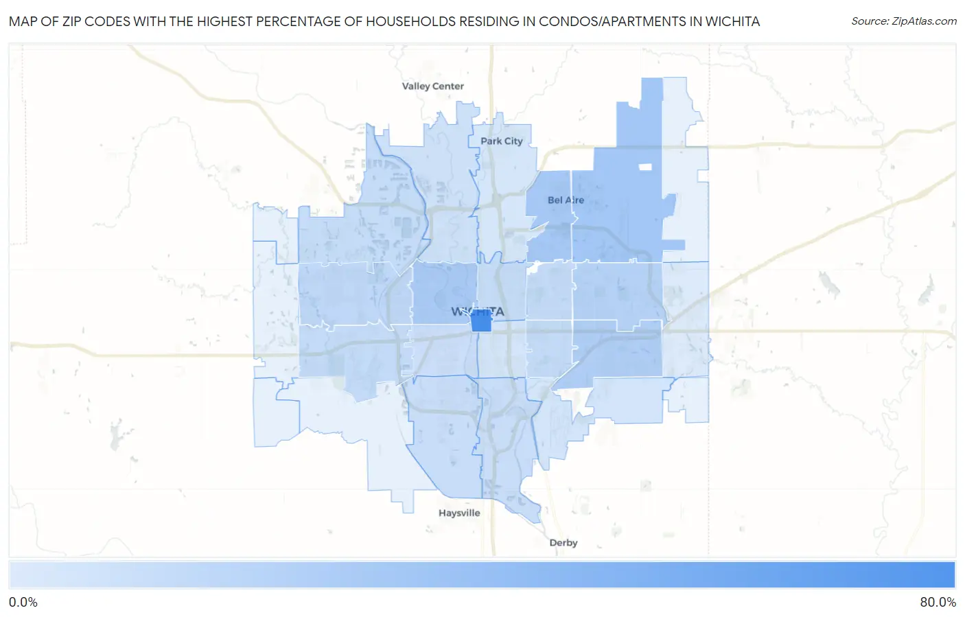 Zip Codes with the Highest Percentage of Households Residing in Condos/Apartments in Wichita Map