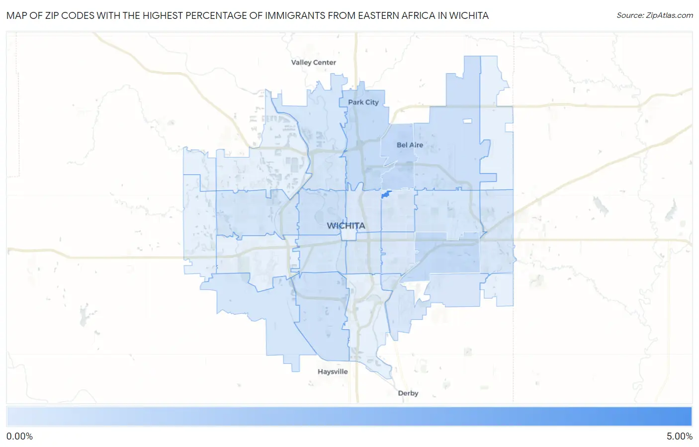 Zip Codes with the Highest Percentage of Immigrants from Eastern Africa in Wichita Map