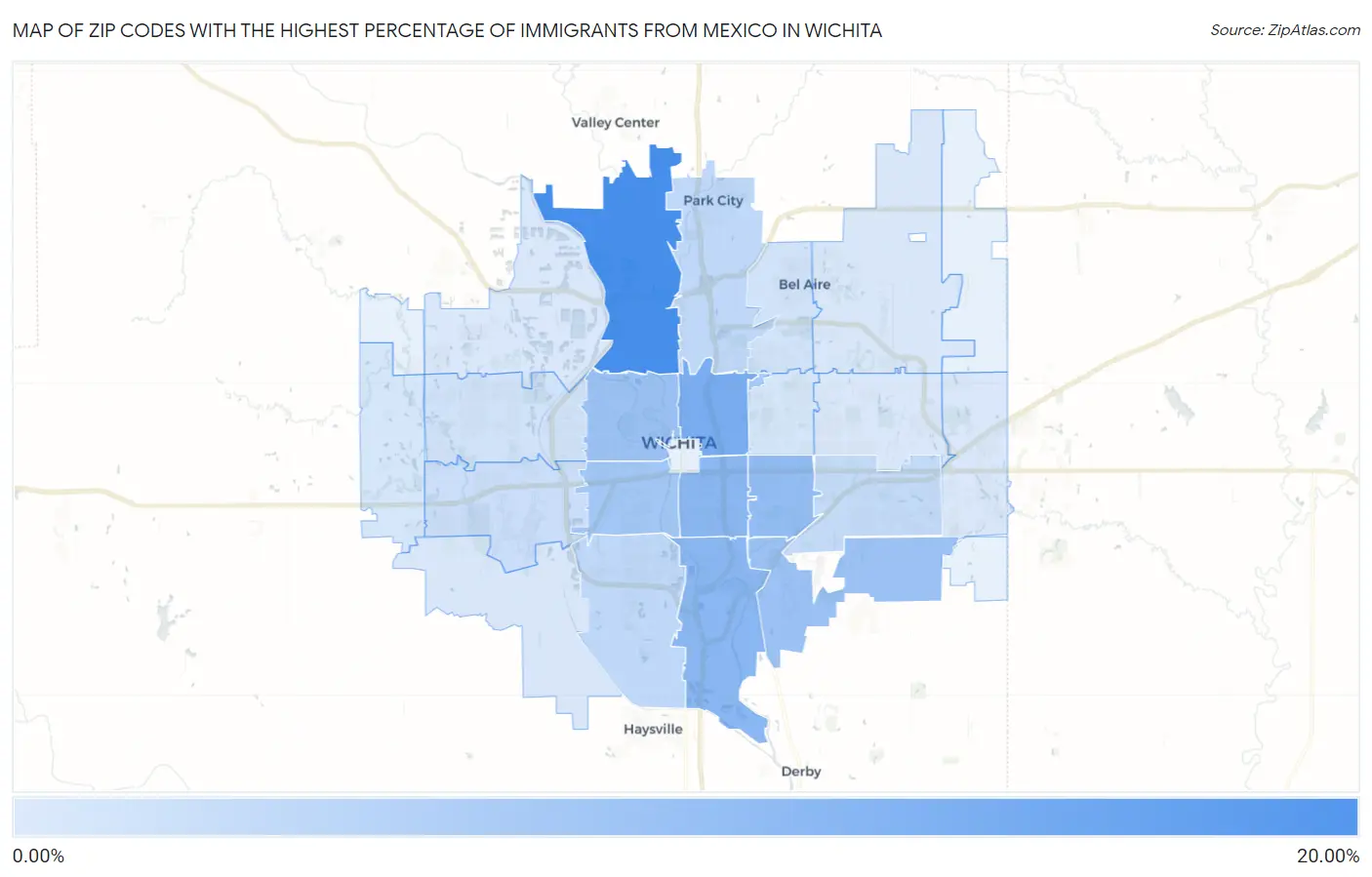 Zip Codes with the Highest Percentage of Immigrants from Mexico in Wichita Map