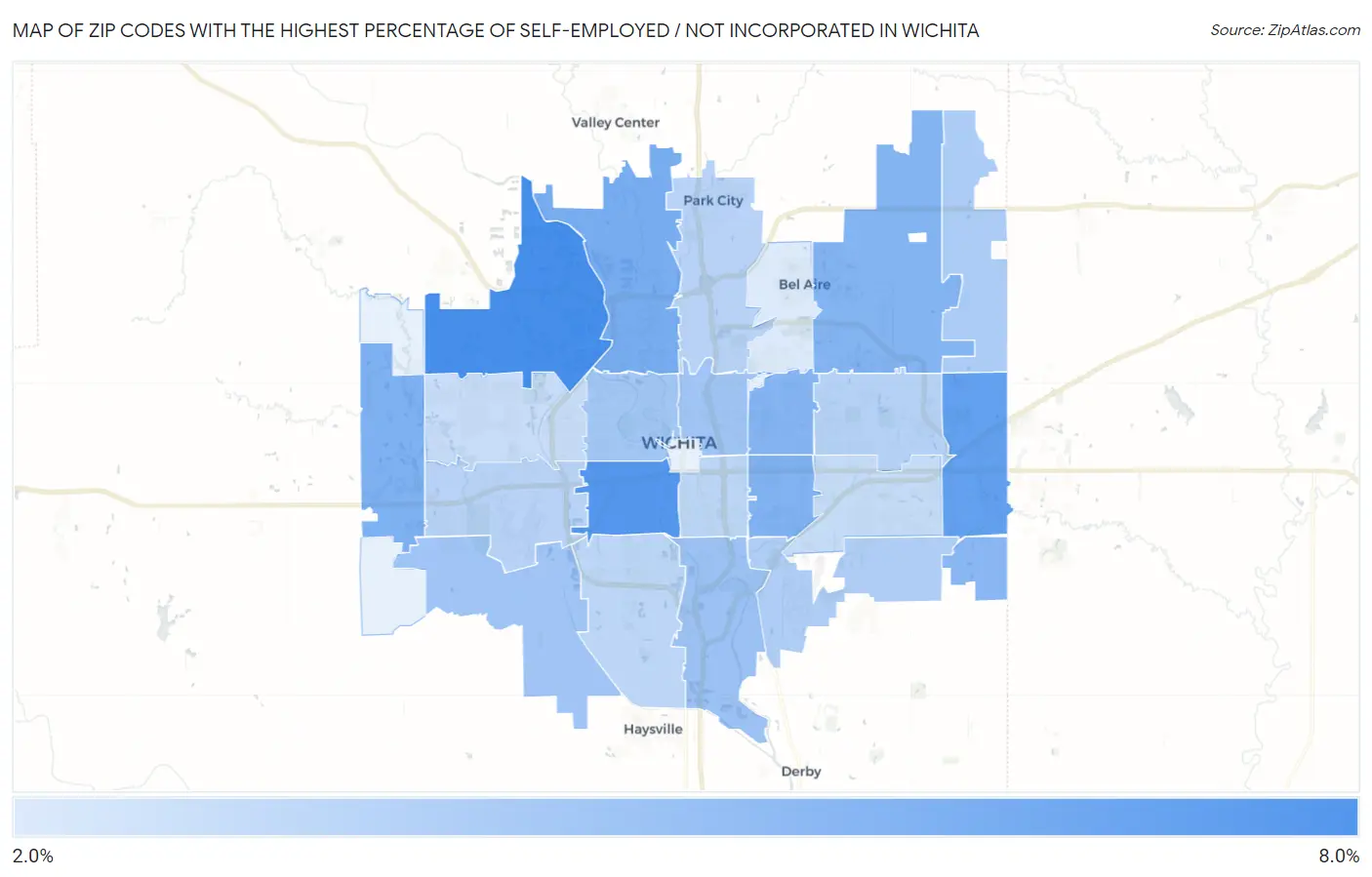 Zip Codes with the Highest Percentage of Self-Employed / Not Incorporated in Wichita Map