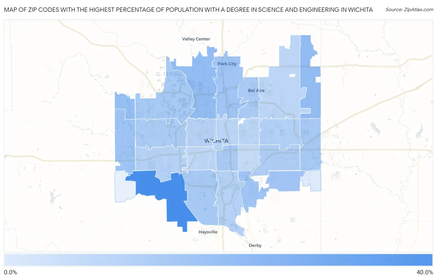 Zip Codes with the Highest Percentage of Population with a Degree in Science and Engineering in Wichita Map
