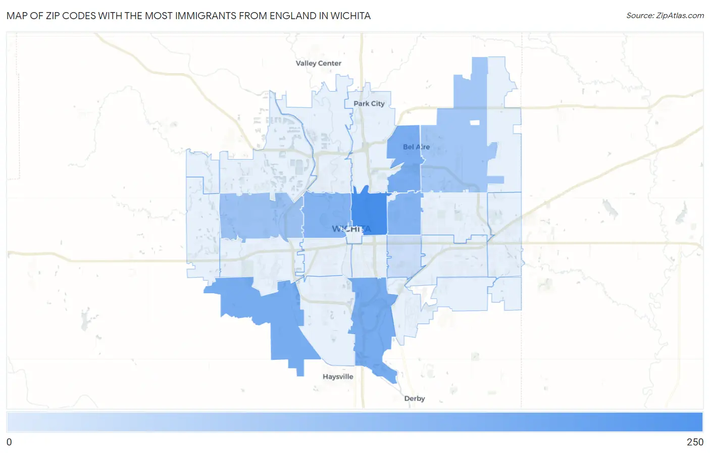 Zip Codes with the Most Immigrants from England in Wichita Map