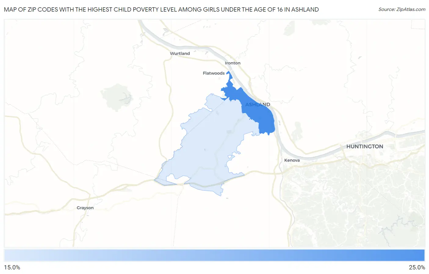 Zip Codes with the Highest Child Poverty Level Among Girls Under the Age of 16 in Ashland Map