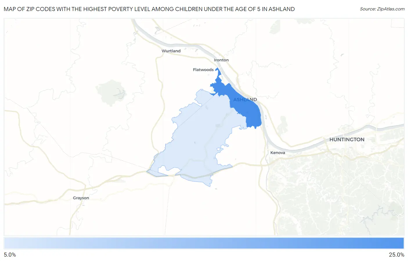 Zip Codes with the Highest Poverty Level Among Children Under the Age of 5 in Ashland Map