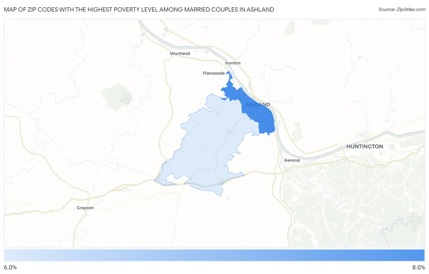 Zip Codes with the Highest Poverty Level Among Married Couples in Ashland Map