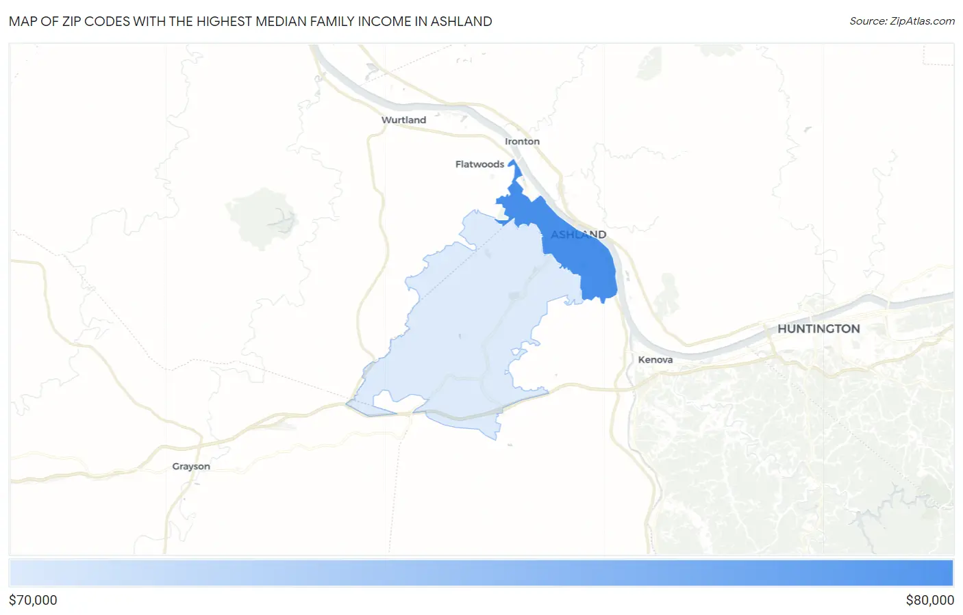 Zip Codes with the Highest Median Family Income in Ashland Map