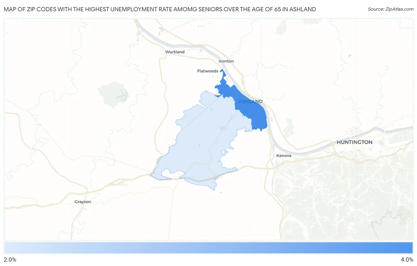 Zip Codes with the Highest Unemployment Rate Amomg Seniors Over the Age of 65 in Ashland Map