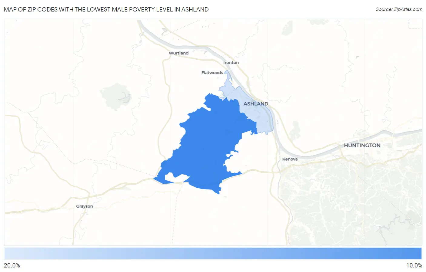 Zip Codes with the Lowest Male Poverty Level in Ashland Map