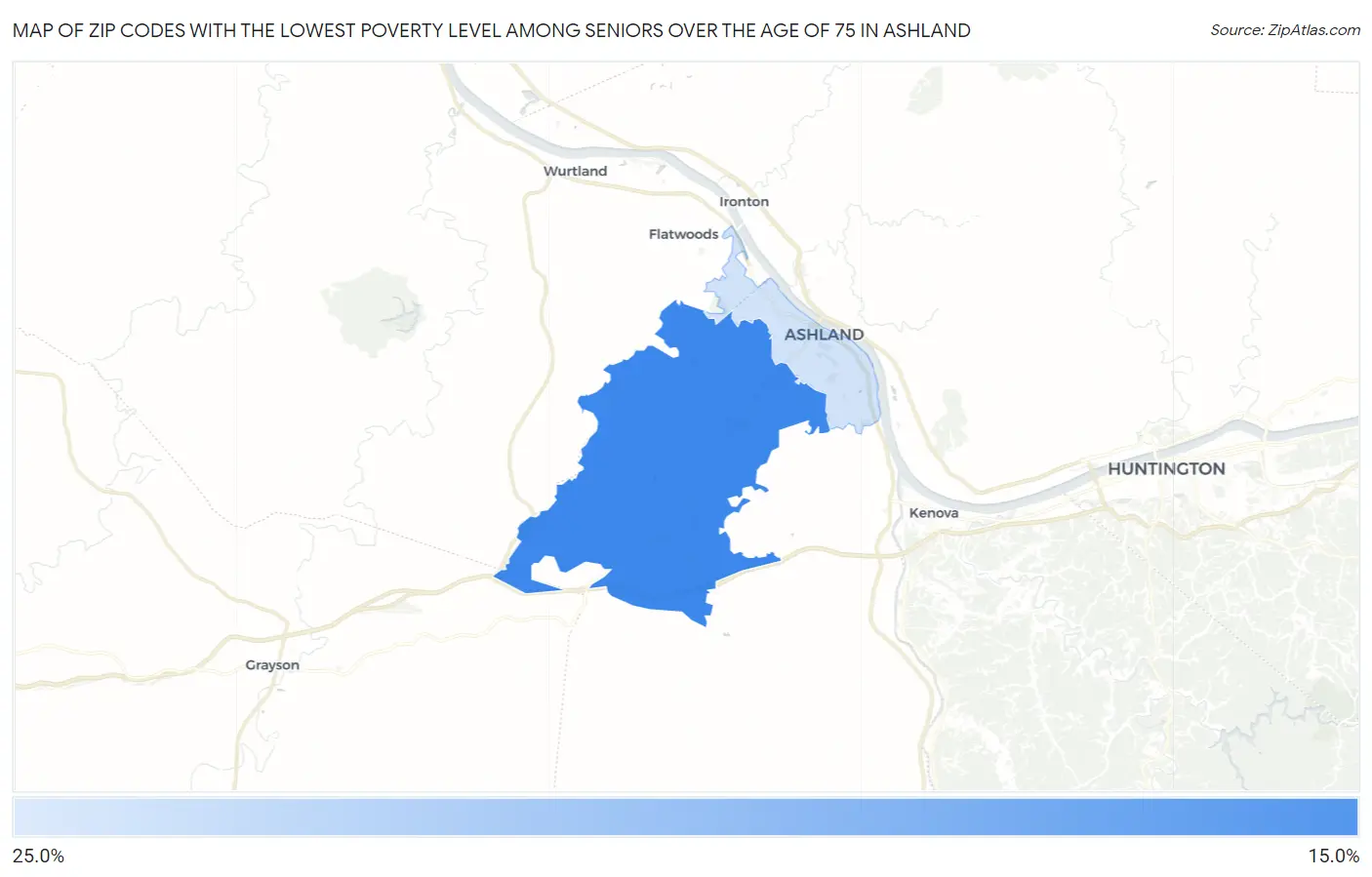 Zip Codes with the Lowest Poverty Level Among Seniors Over the Age of 75 in Ashland Map