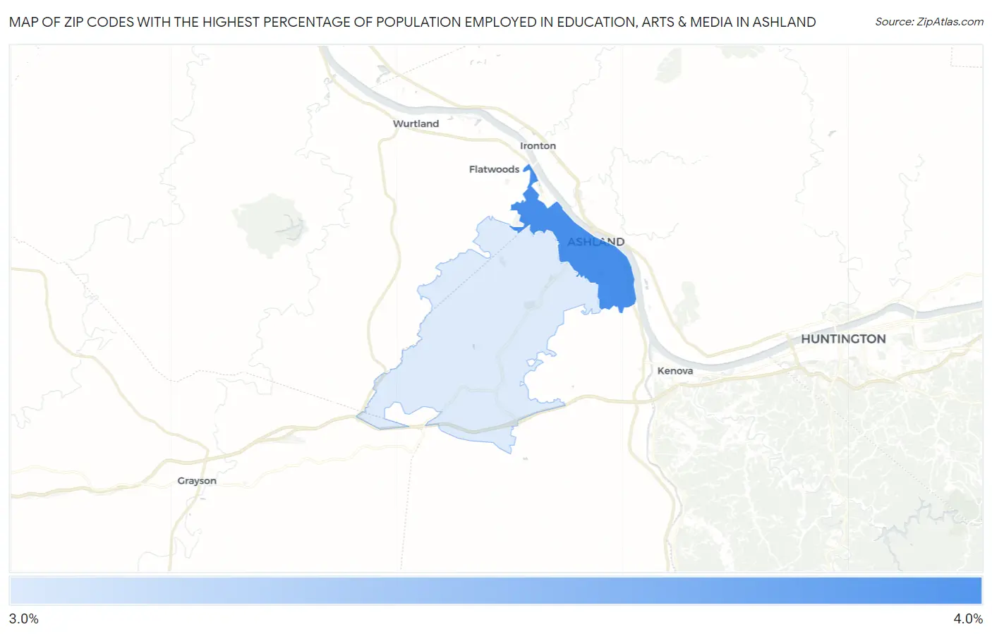 Zip Codes with the Highest Percentage of Population Employed in Education, Arts & Media in Ashland Map