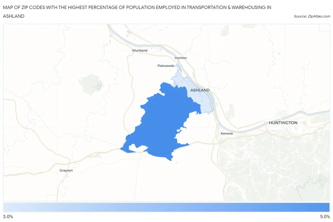 Zip Codes with the Highest Percentage of Population Employed in Transportation & Warehousing in Ashland Map