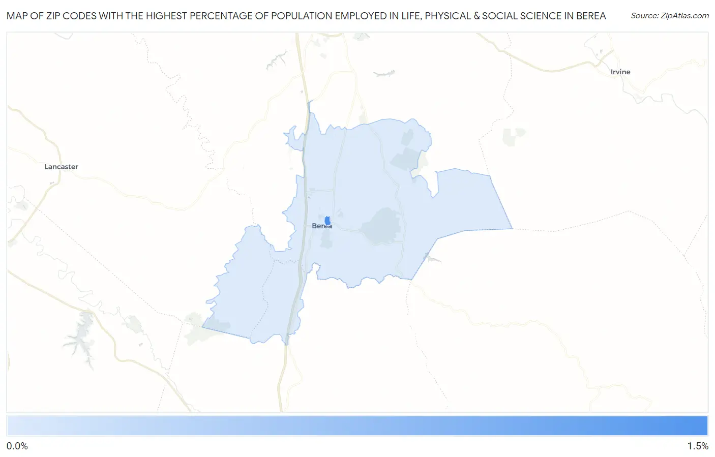 Zip Codes with the Highest Percentage of Population Employed in Life, Physical & Social Science in Berea Map