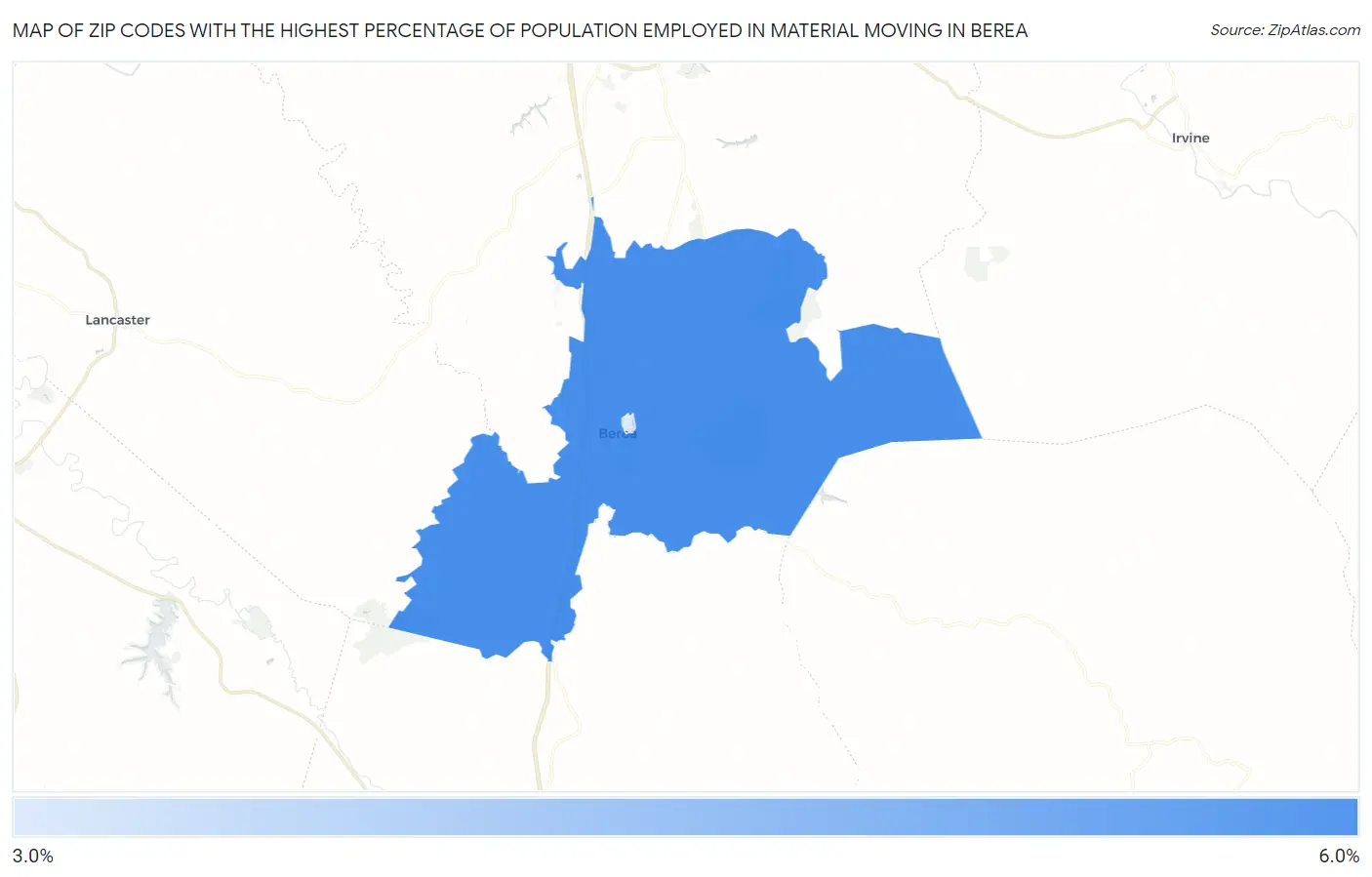 Zip Codes with the Highest Percentage of Population Employed in Material Moving in Berea Map