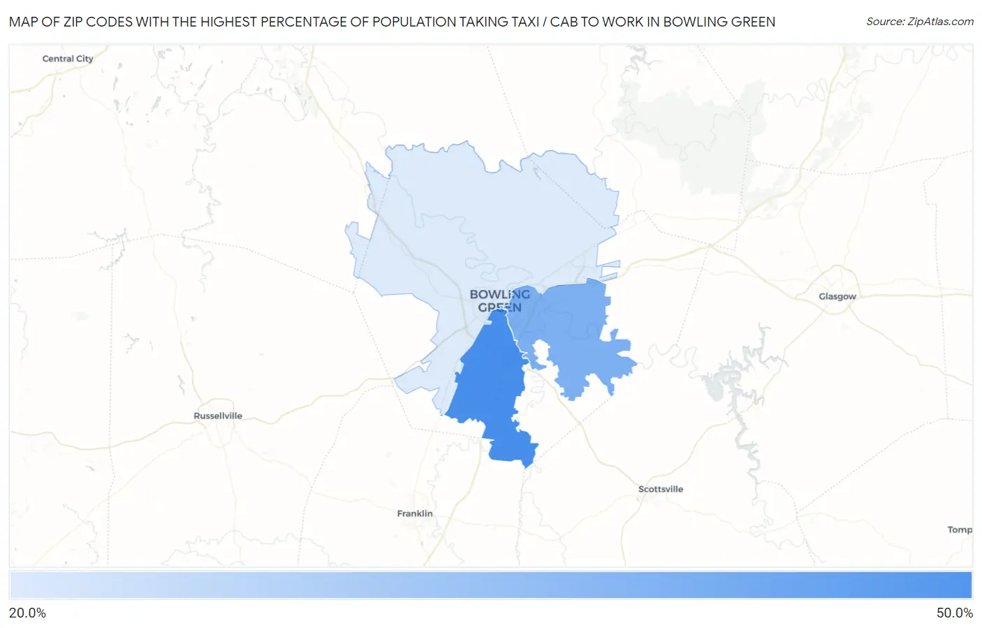 Zip Codes with the Highest Percentage of Population Taking Taxi / Cab to Work in Bowling Green Map