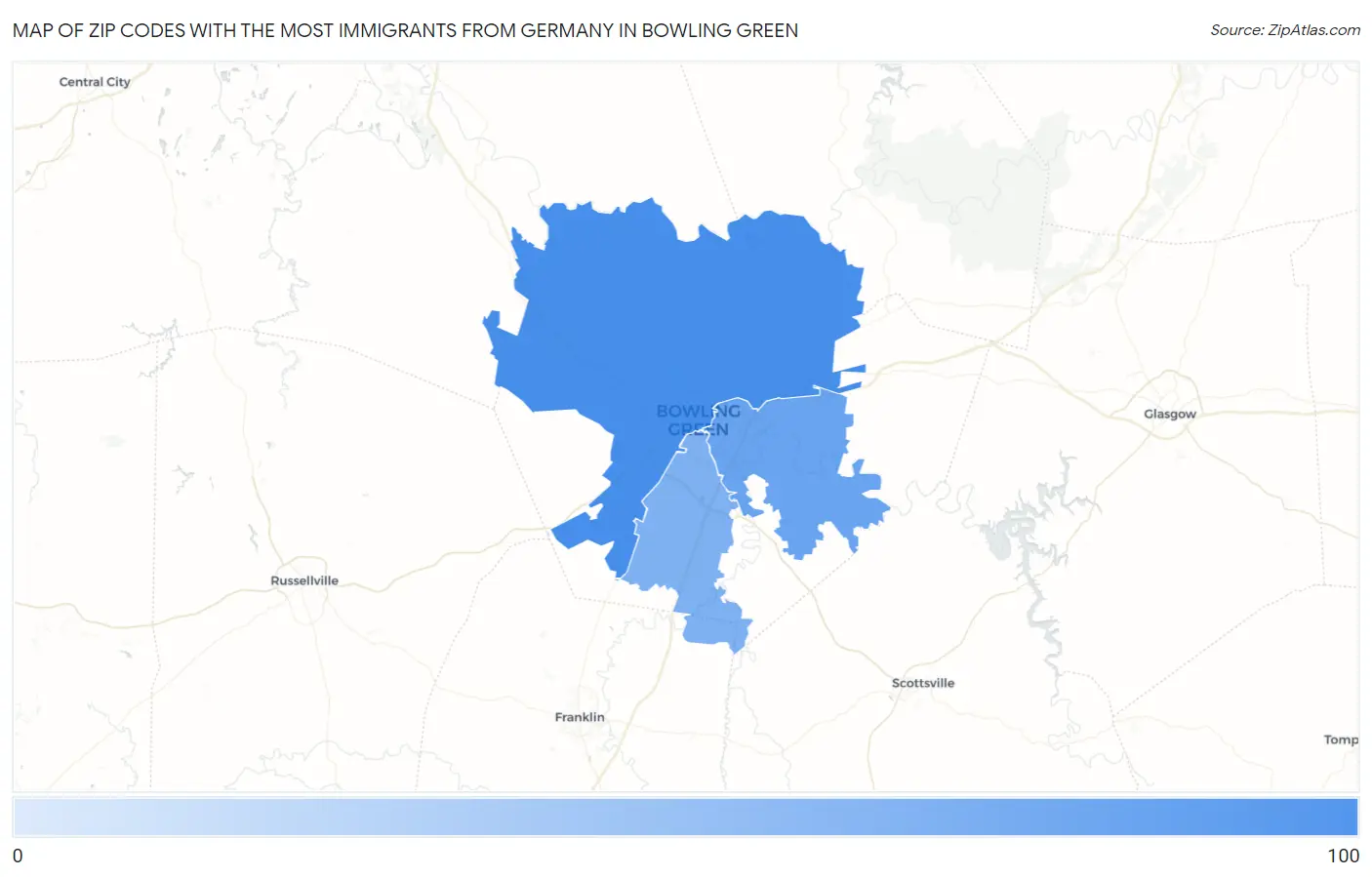 Zip Codes with the Most Immigrants from Germany in Bowling Green Map