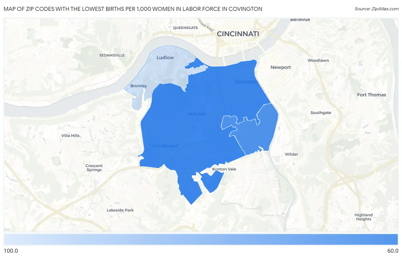 Zip Codes with the Lowest Births per 1,000 Women in Labor Force in Covington Map