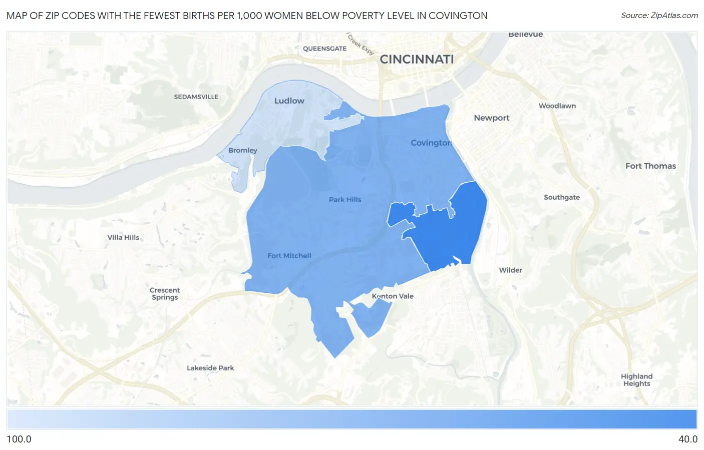Zip Codes with the Fewest Births per 1,000 Women Below Poverty Level in Covington Map