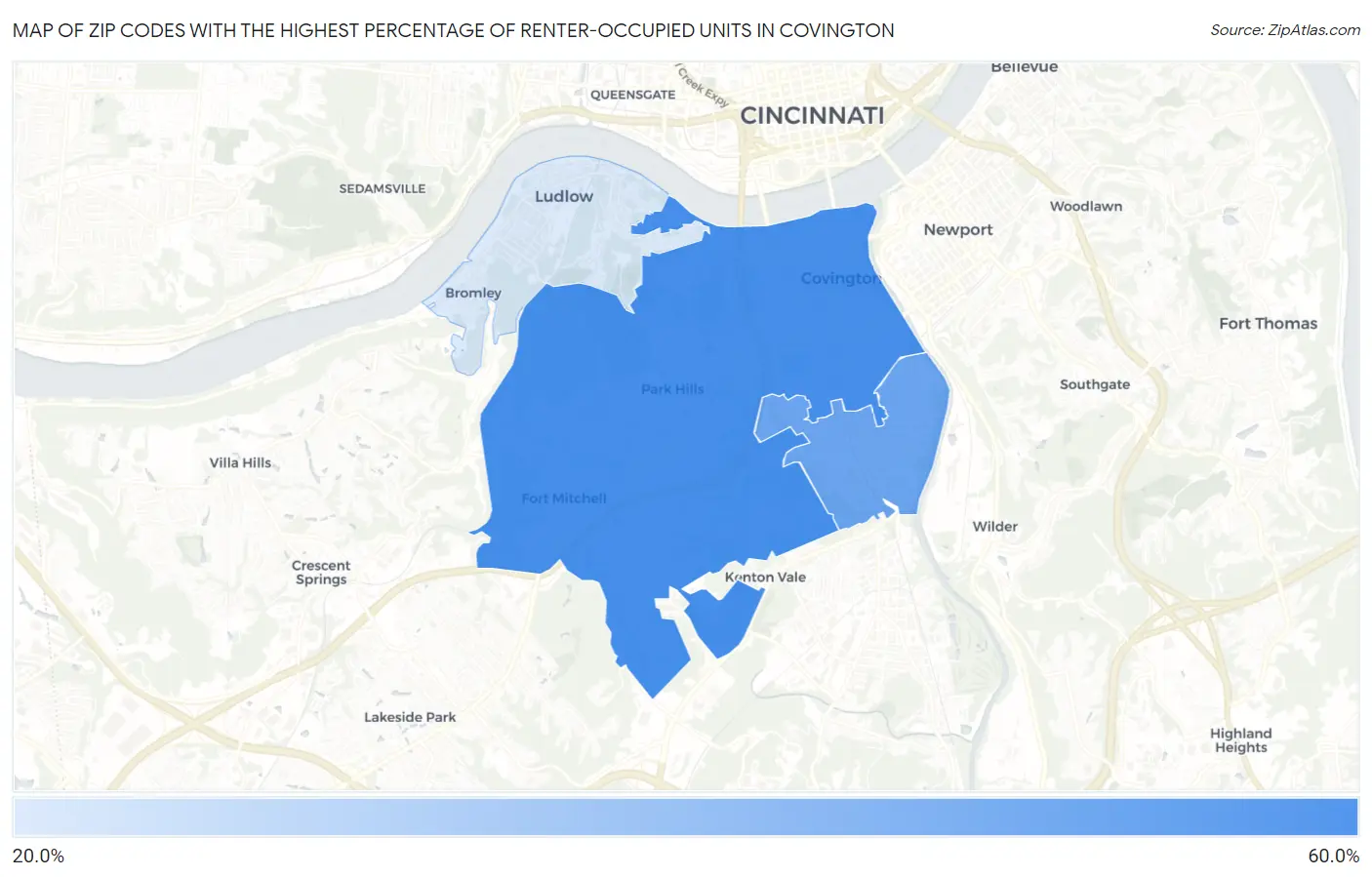 Zip Codes with the Highest Percentage of Renter-Occupied Units in Covington Map