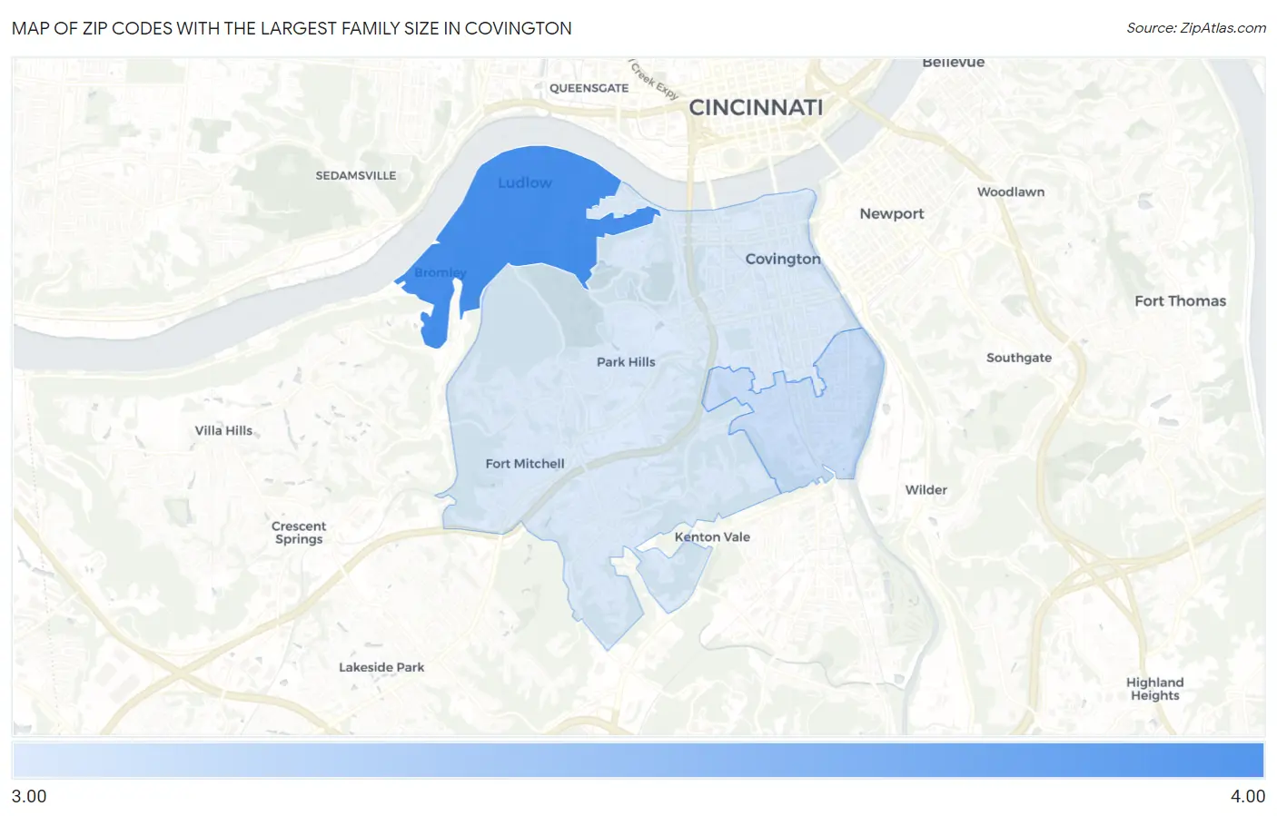 Zip Codes with the Largest Family Size in Covington Map