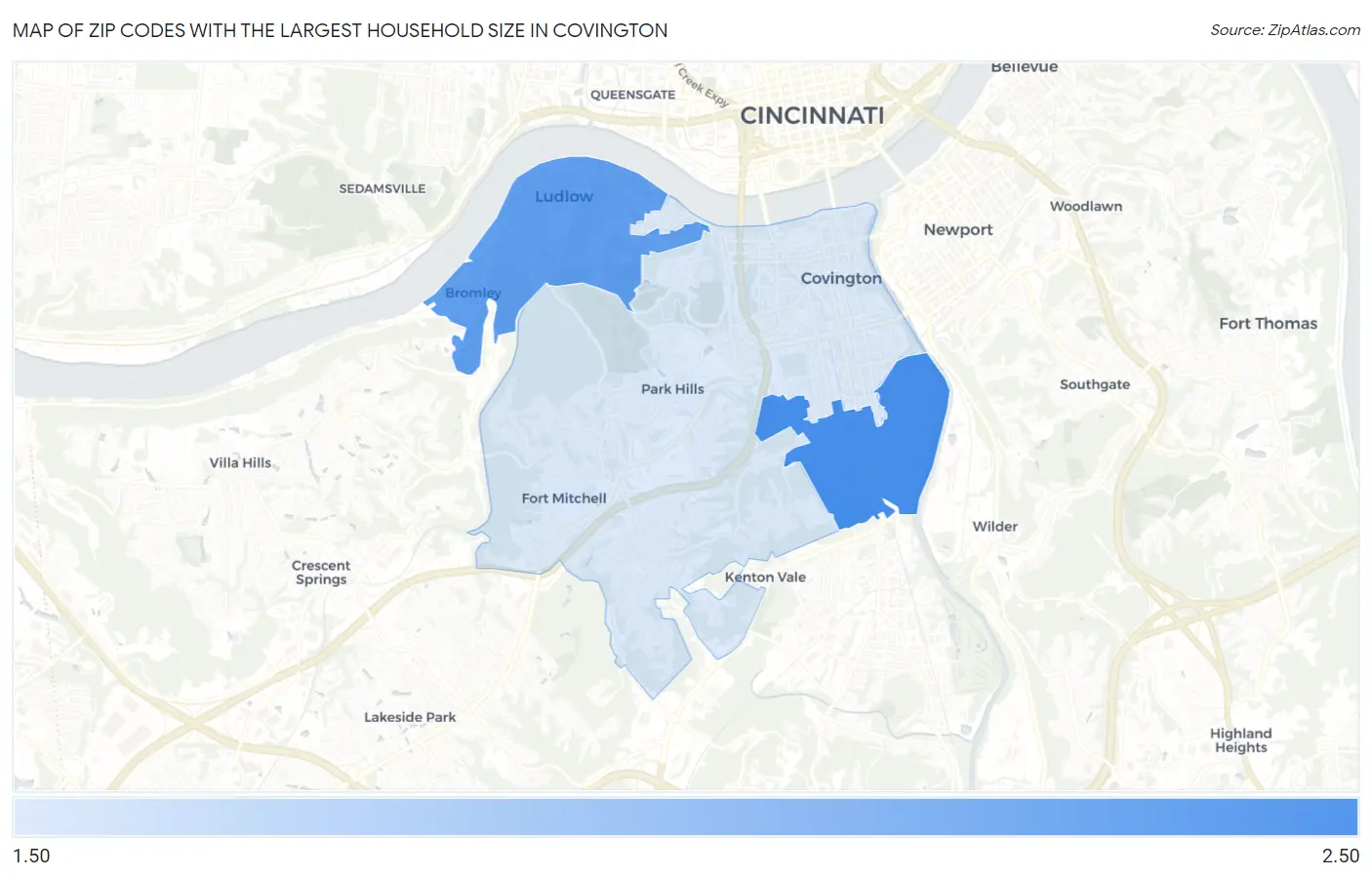 Zip Codes with the Largest Household Size in Covington Map