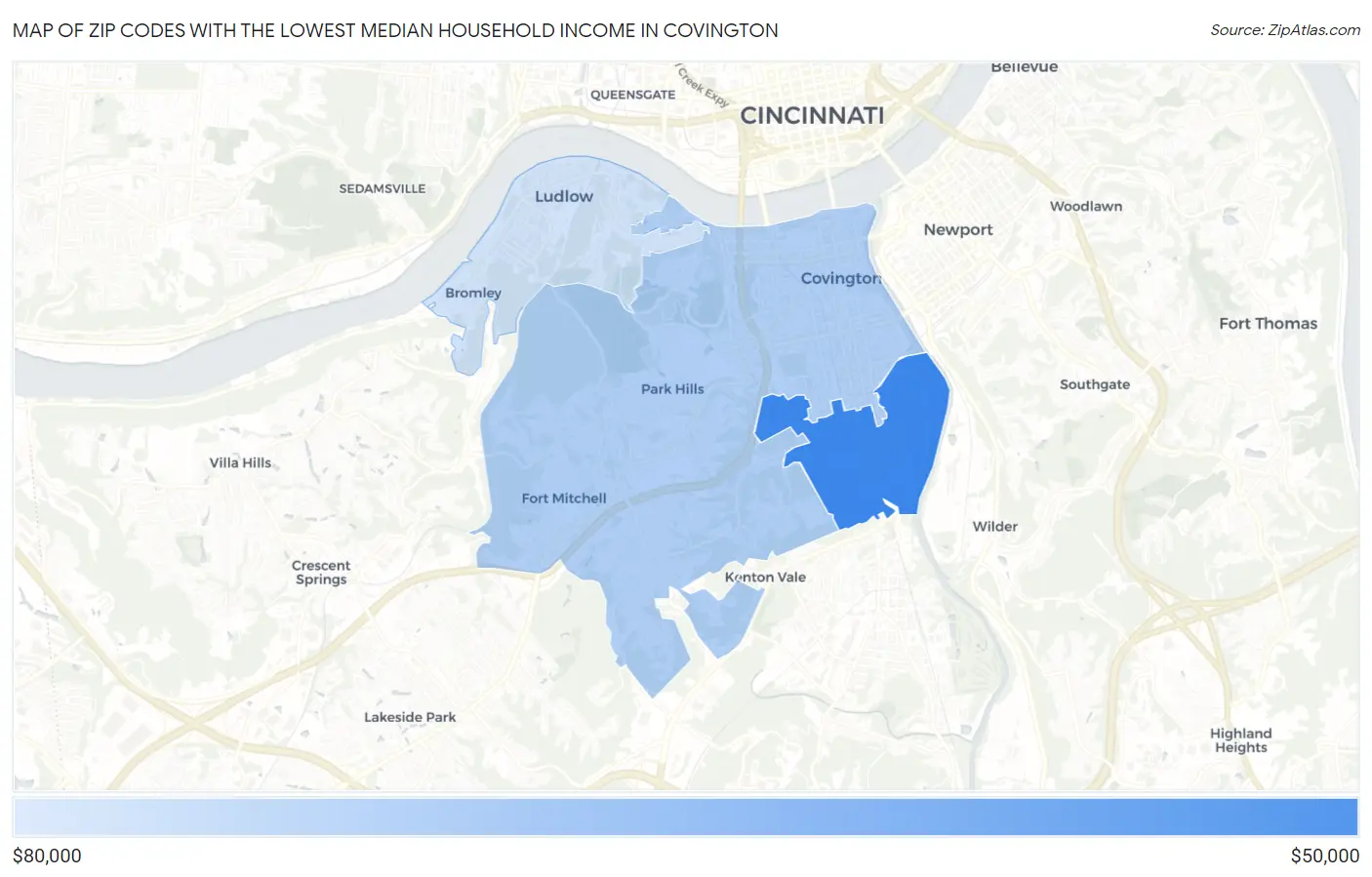 Zip Codes with the Lowest Median Household Income in Covington Map