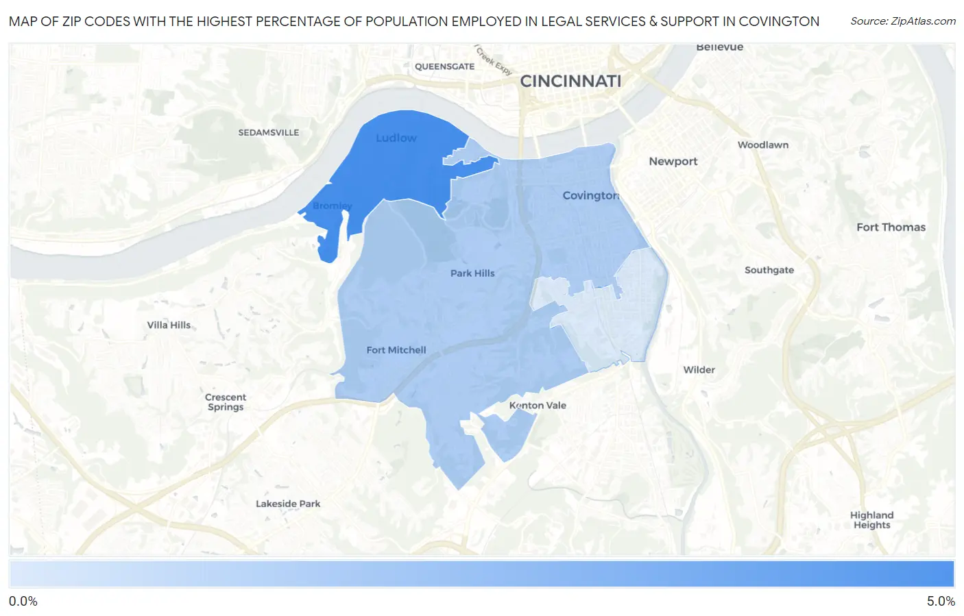 Zip Codes with the Highest Percentage of Population Employed in Legal Services & Support in Covington Map