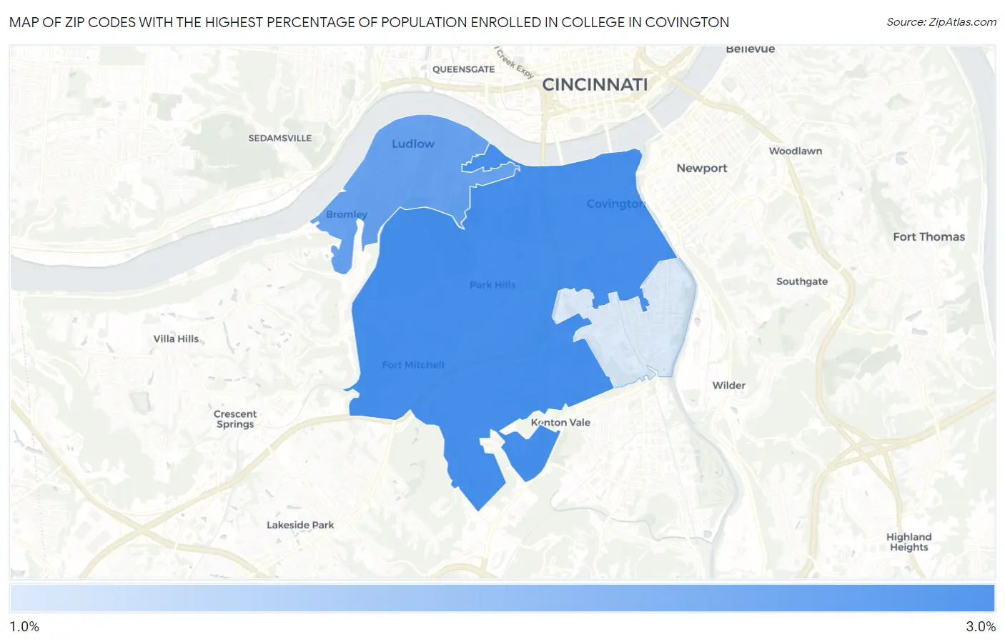Zip Codes with the Highest Percentage of Population Enrolled in College in Covington Map