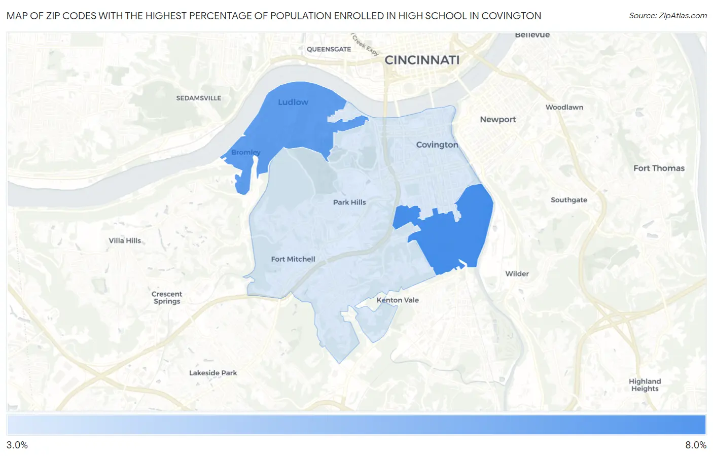 Zip Codes with the Highest Percentage of Population Enrolled in High School in Covington Map