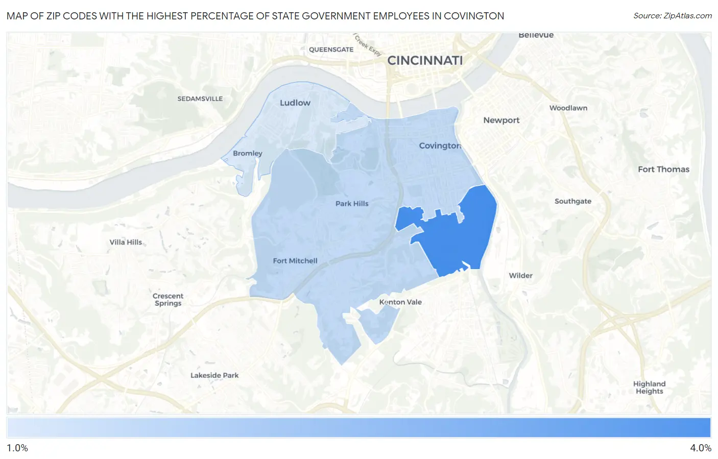 Zip Codes with the Highest Percentage of State Government Employees in Covington Map