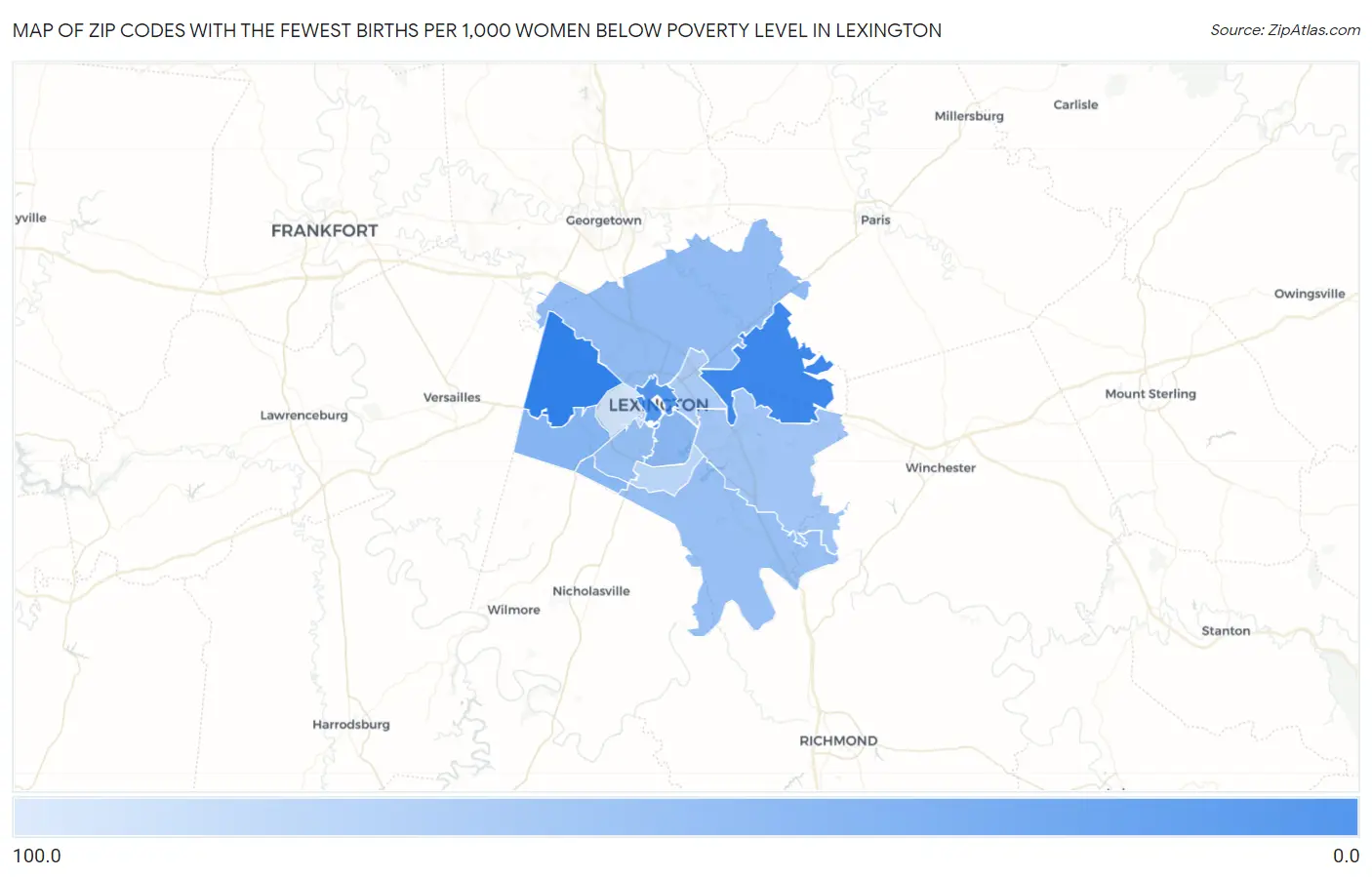Zip Codes with the Fewest Births per 1,000 Women Below Poverty Level in Lexington Map