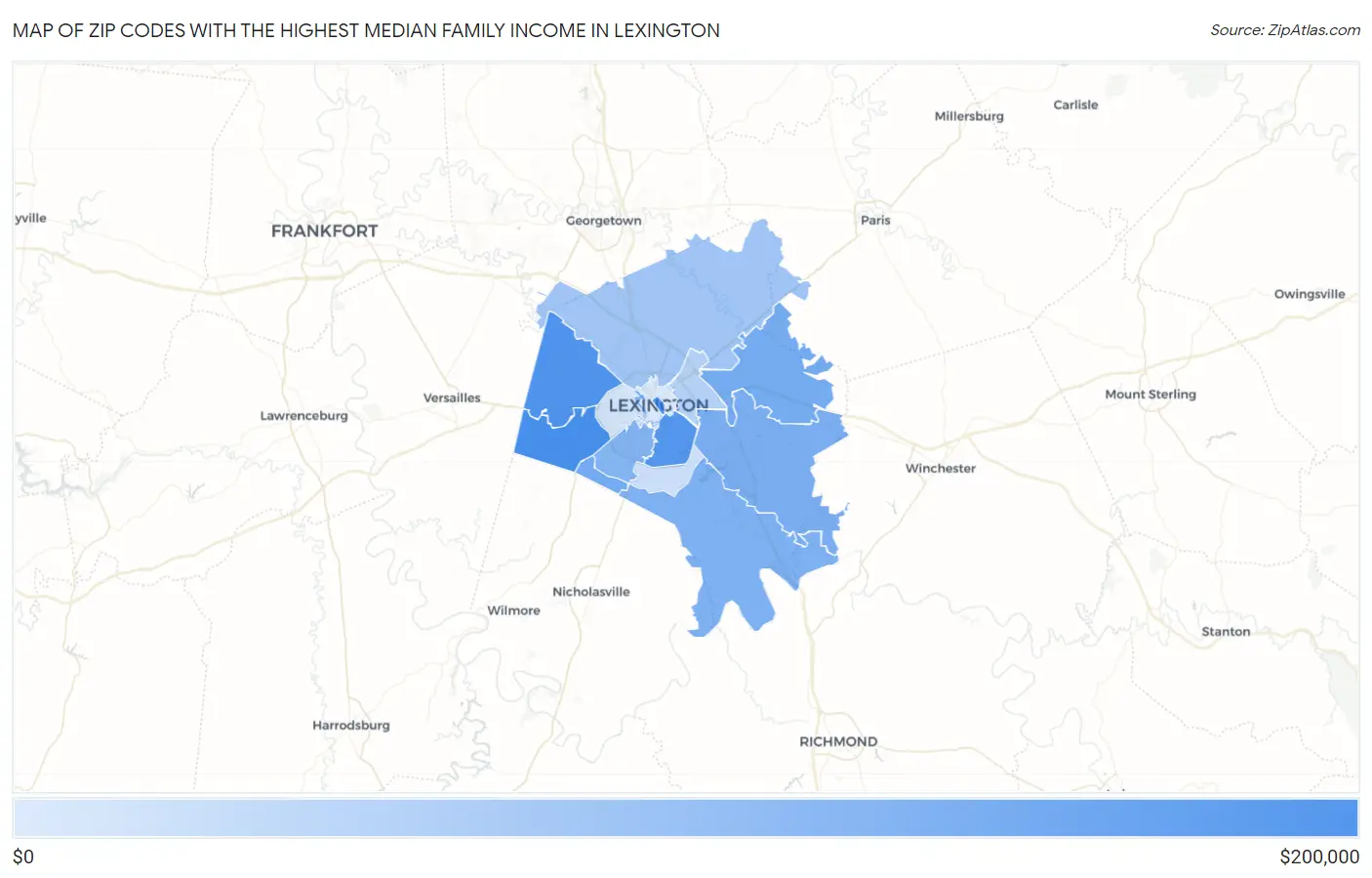 Zip Codes with the Highest Median Family Income in Lexington Map