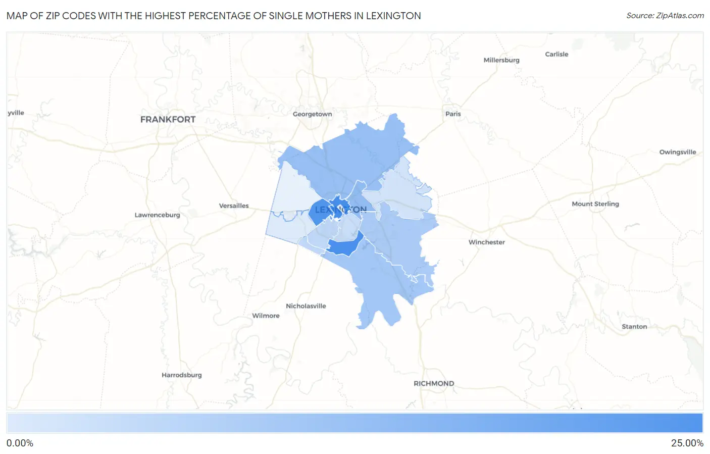 Zip Codes with the Highest Percentage of Single Mothers in Lexington Map