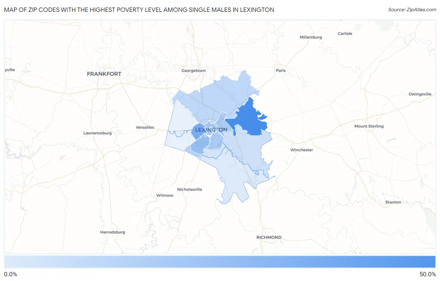Zip Codes with the Highest Poverty Level Among Single Males in Lexington Map