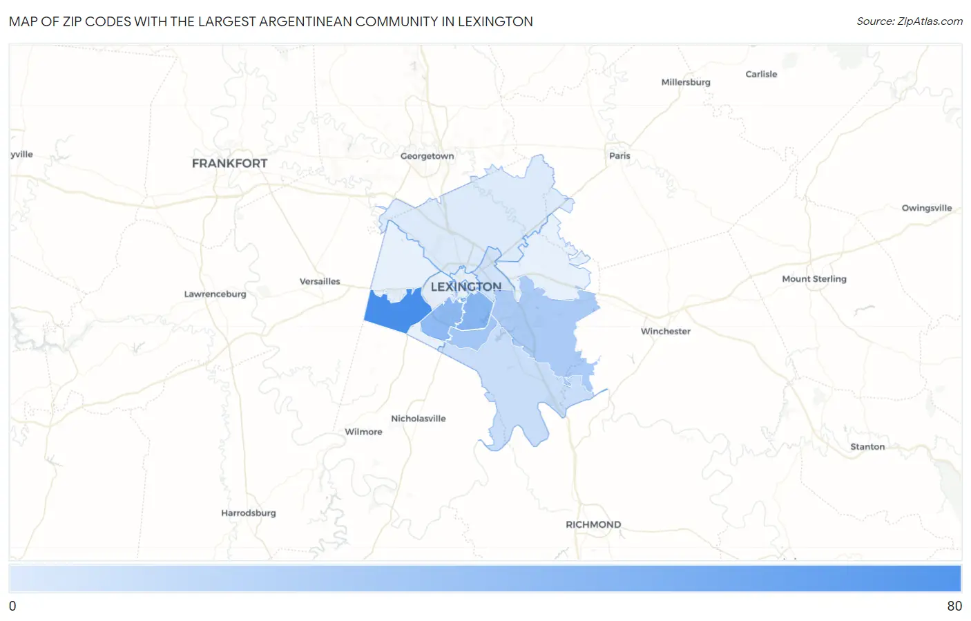 Zip Codes with the Largest Argentinean Community in Lexington Map