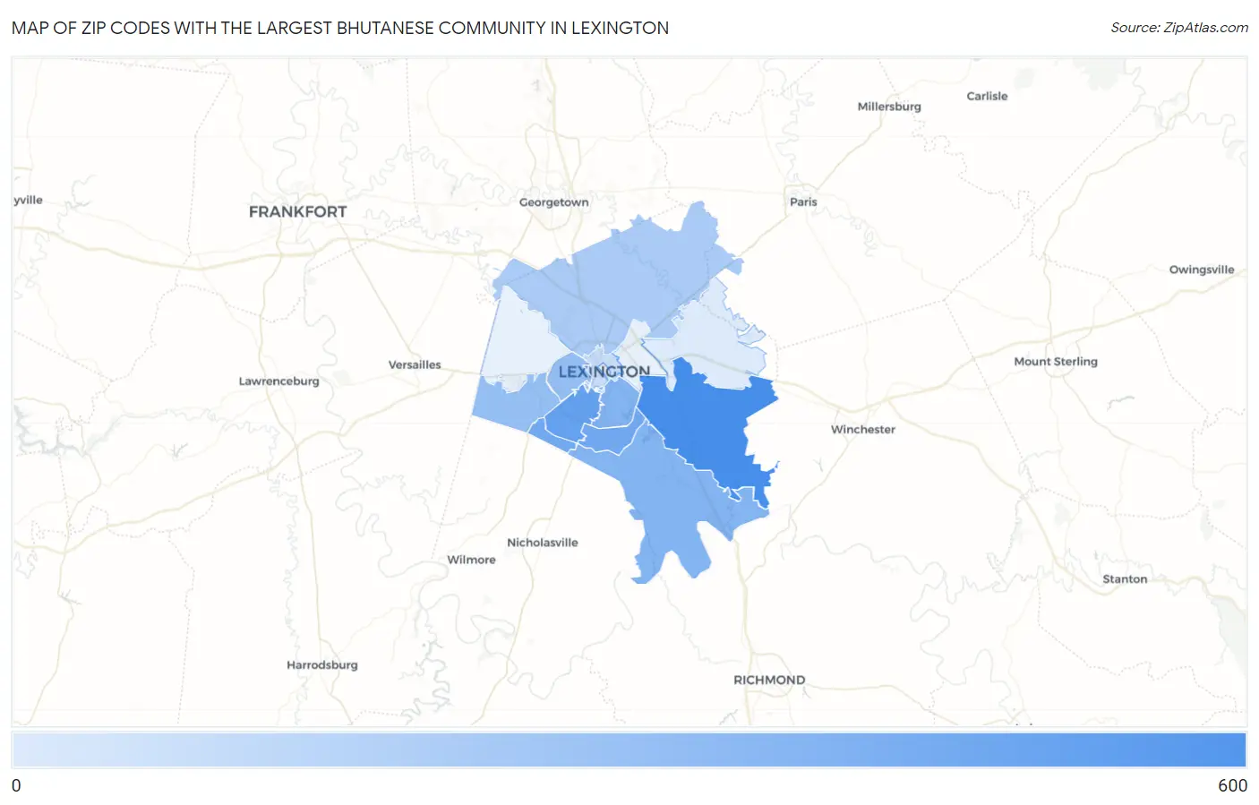 Zip Codes with the Largest Bhutanese Community in Lexington Map