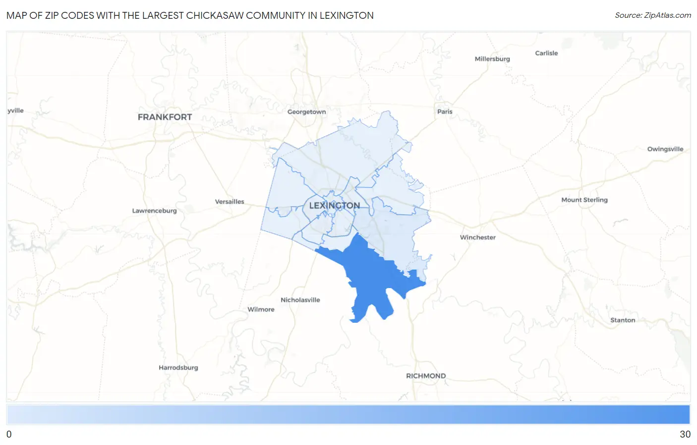 Zip Codes with the Largest Chickasaw Community in Lexington Map