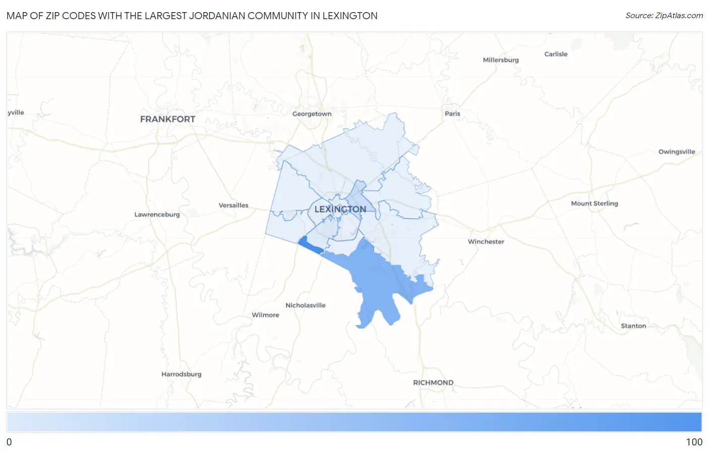 Zip Codes with the Largest Jordanian Community in Lexington Map