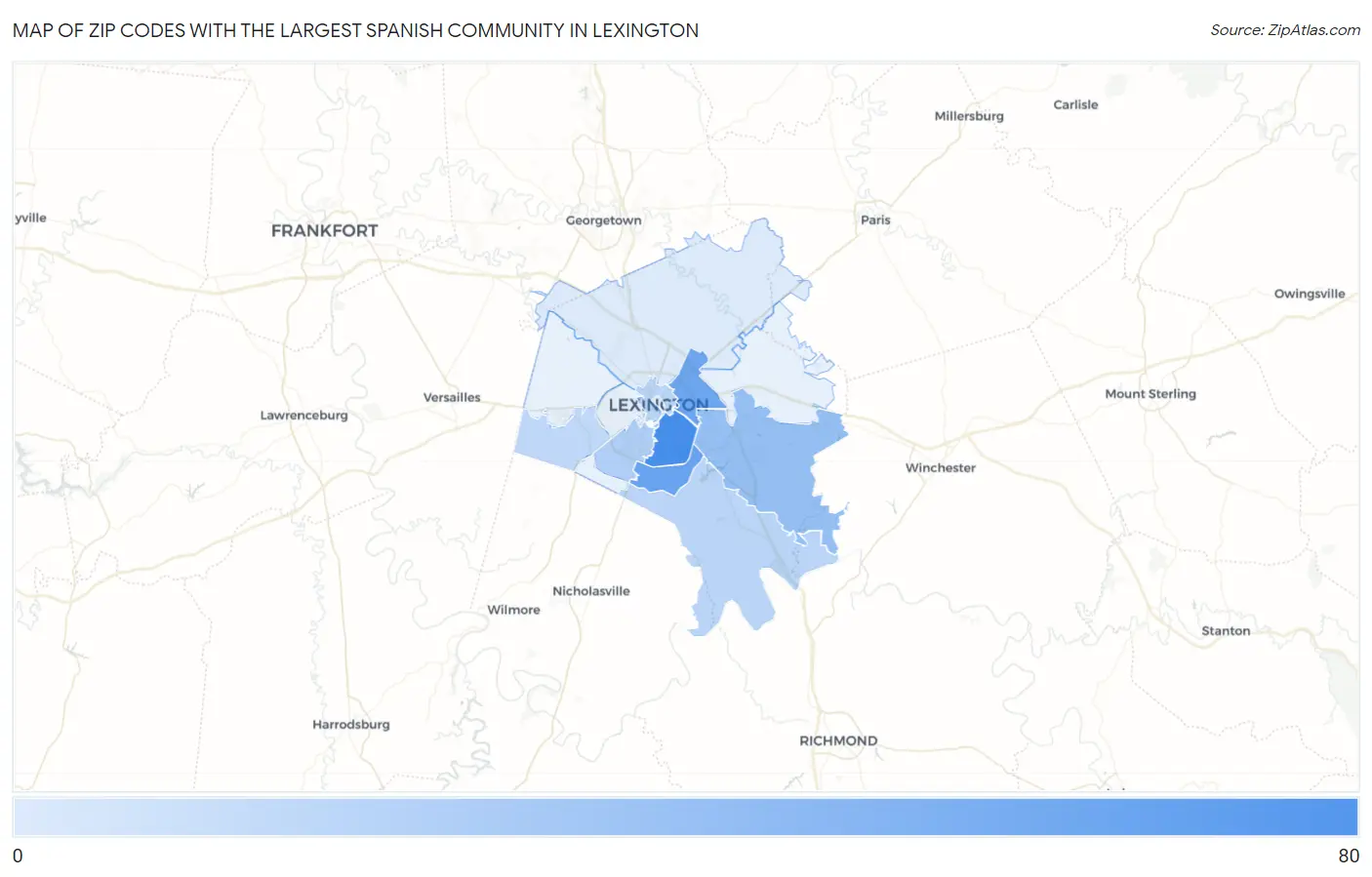 Zip Codes with the Largest Spanish Community in Lexington Map