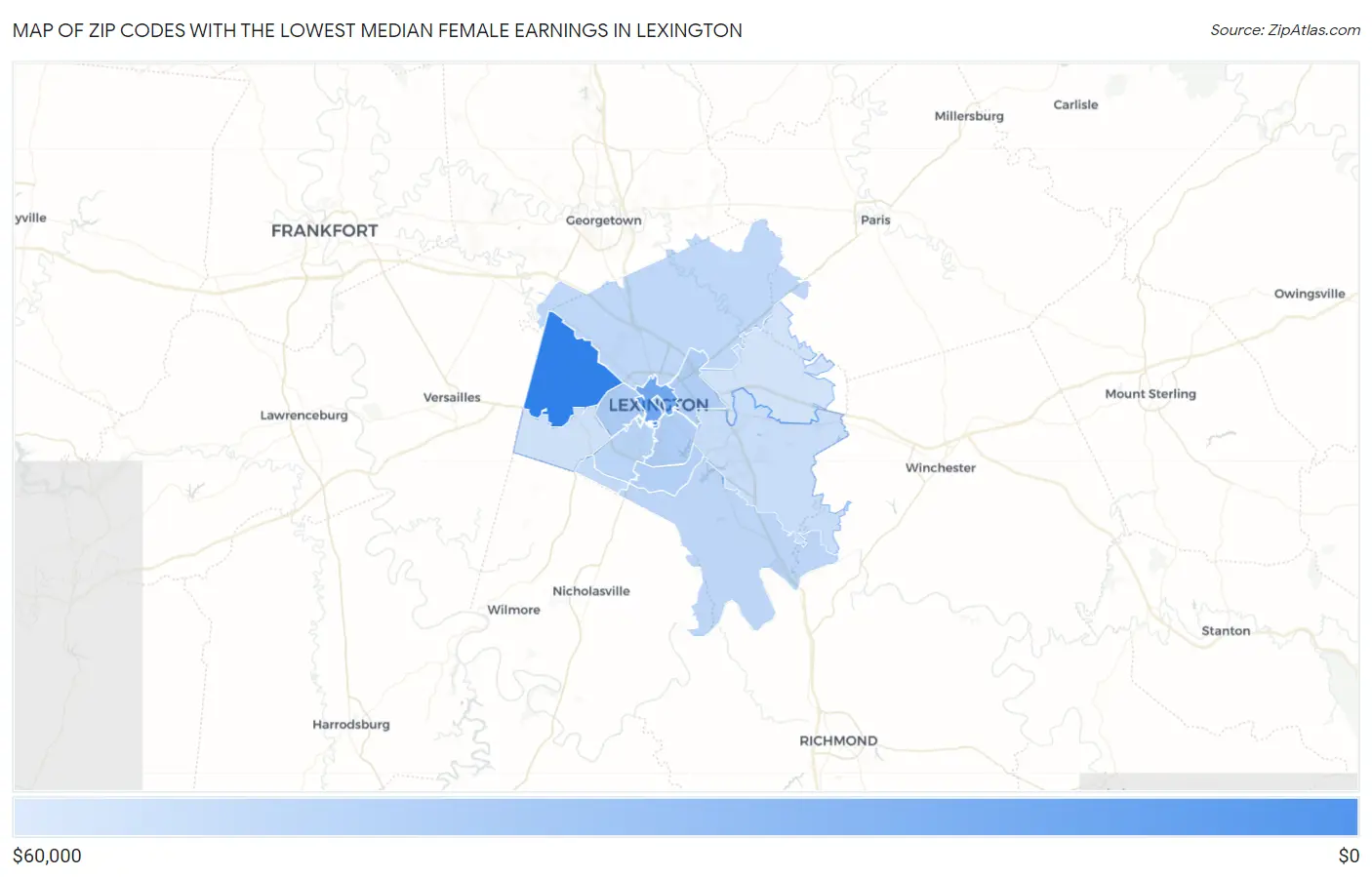 Zip Codes with the Lowest Median Female Earnings in Lexington Map