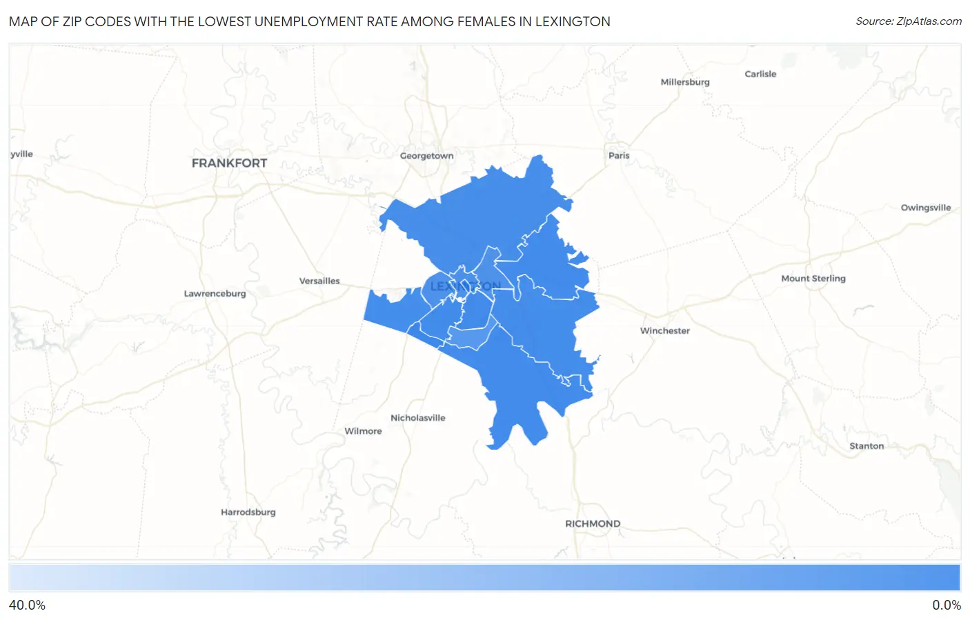 Zip Codes with the Lowest Unemployment Rate Among Females in Lexington Map