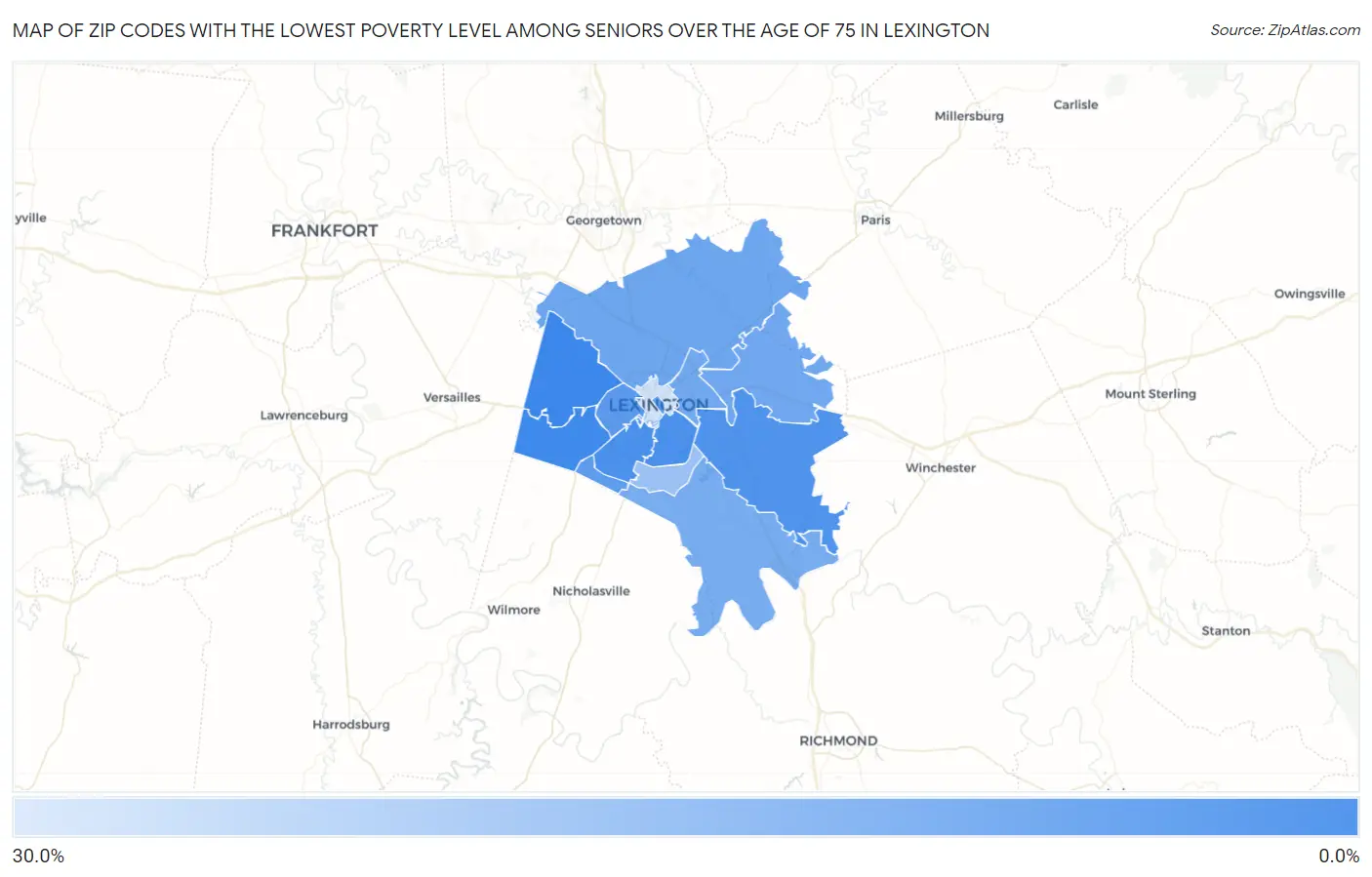 Zip Codes with the Lowest Poverty Level Among Seniors Over the Age of 75 in Lexington Map
