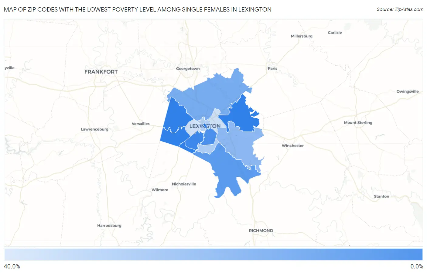 Zip Codes with the Lowest Poverty Level Among Single Females in Lexington Map