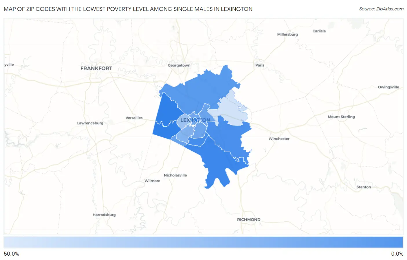 Zip Codes with the Lowest Poverty Level Among Single Males in Lexington Map
