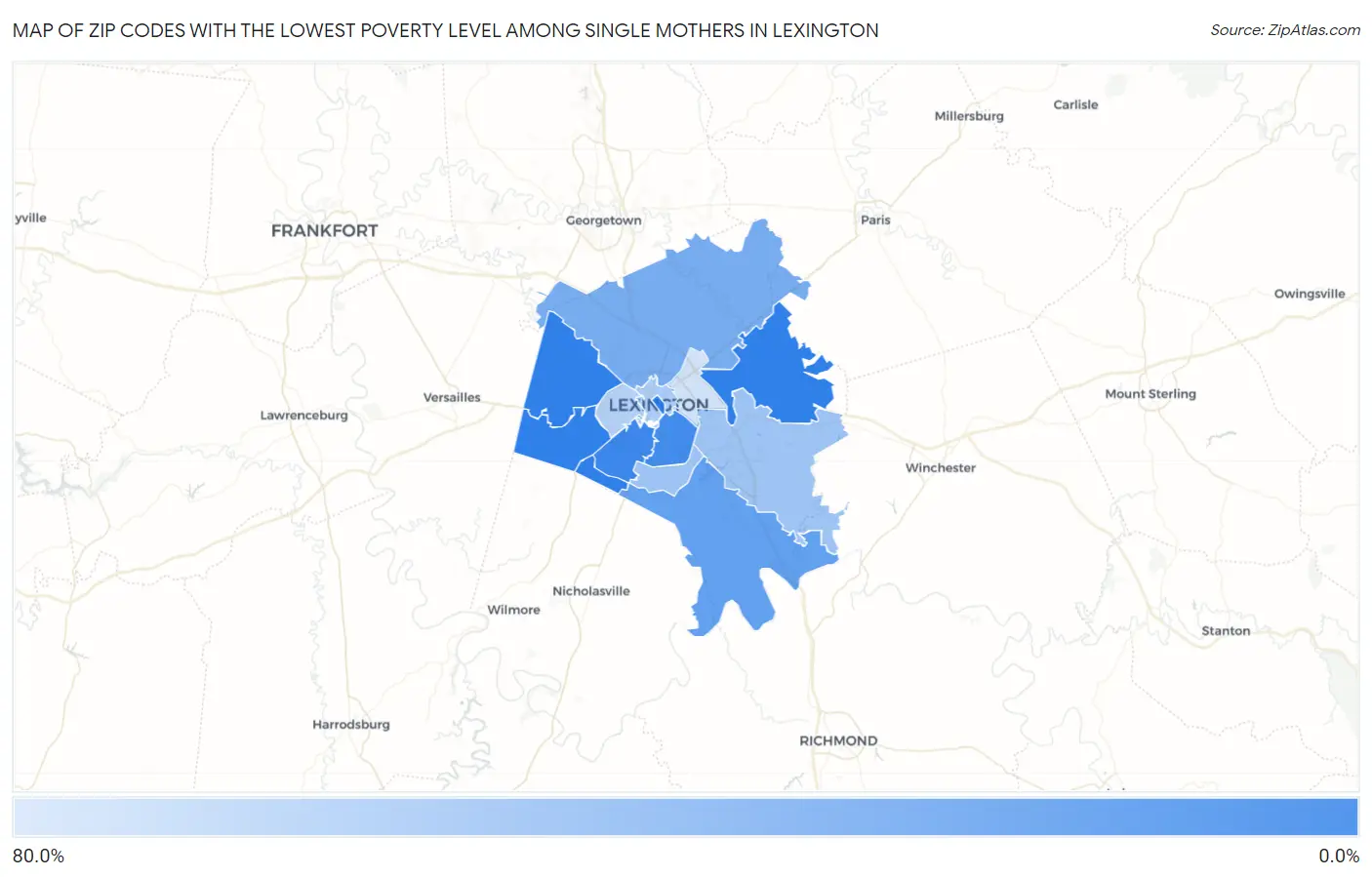 Zip Codes with the Lowest Poverty Level Among Single Mothers in Lexington Map