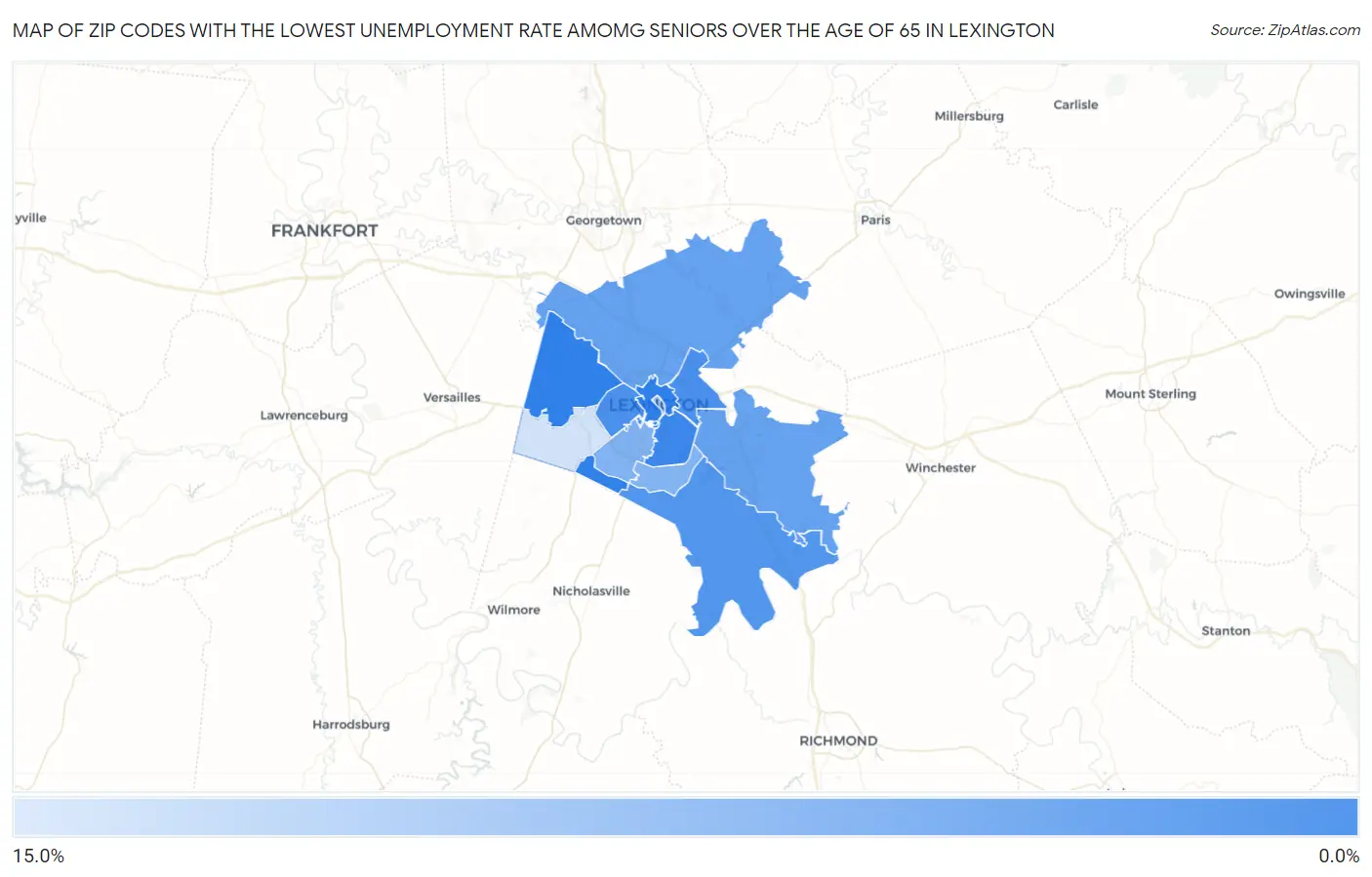 Zip Codes with the Lowest Unemployment Rate Amomg Seniors Over the Age of 65 in Lexington Map